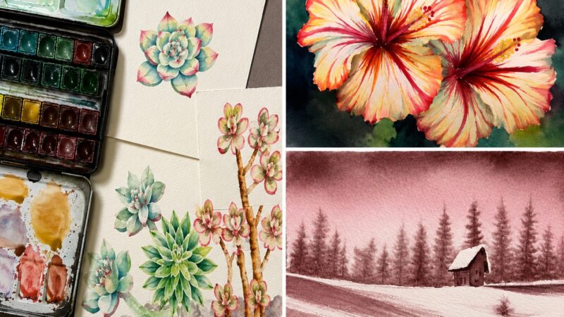 Flors tropicals + Plantes suculentes + Postals de nadal a l’aquarel·la